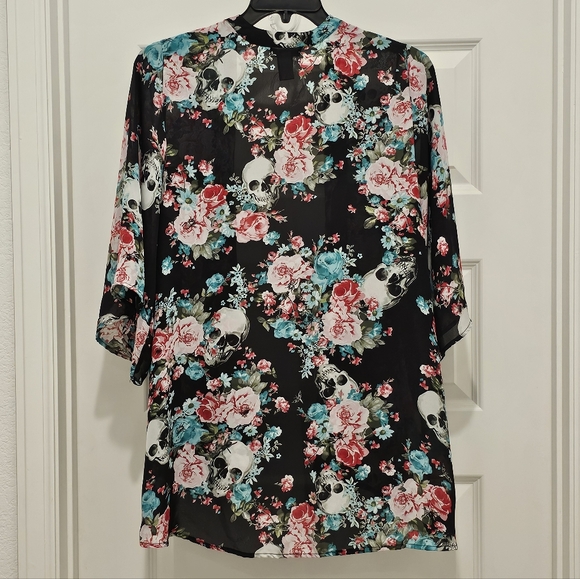 Hot Topic Floral Skull Print Hi-Lo Kimono Cardigan, EUC, Size X-Large - Picture 8 of 9